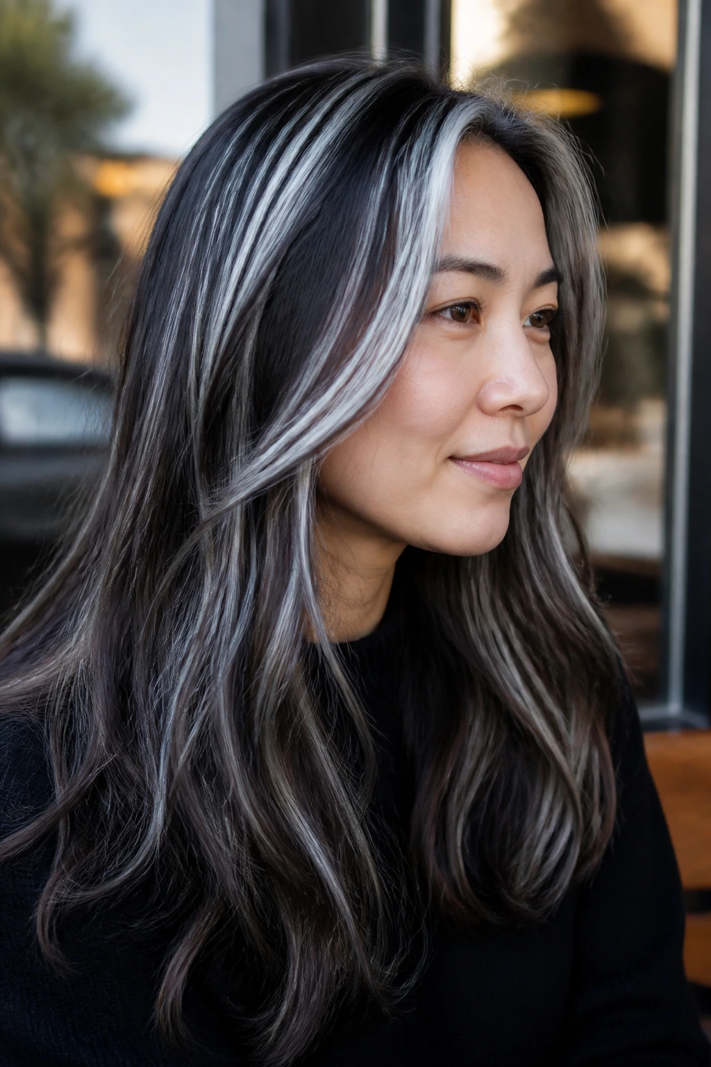 Portrait of woman with metallic silver streaks in dark hair
