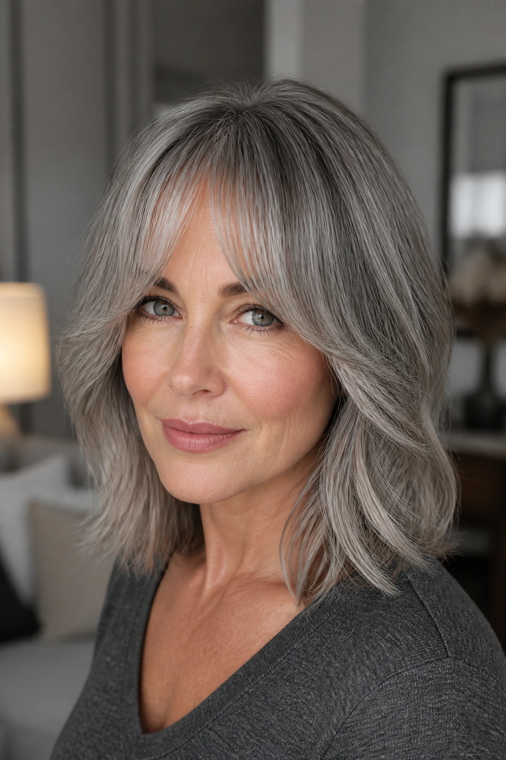 Close-up of a woman with metallic smoke hair and curtain bangs on shoulder-length hair.