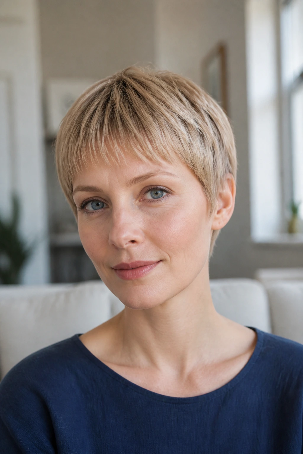 Portrait of a person with a Mia Farrow crop and feather-light fringe