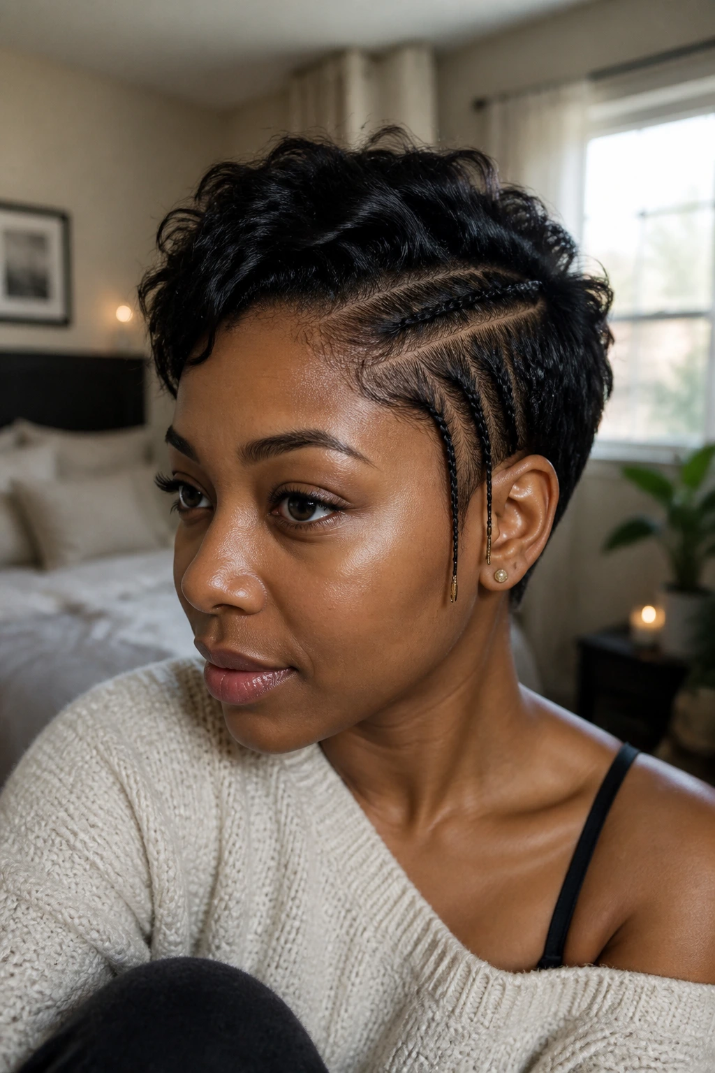 Close-up of real woman with micro accent braids at temple on short textured hair.