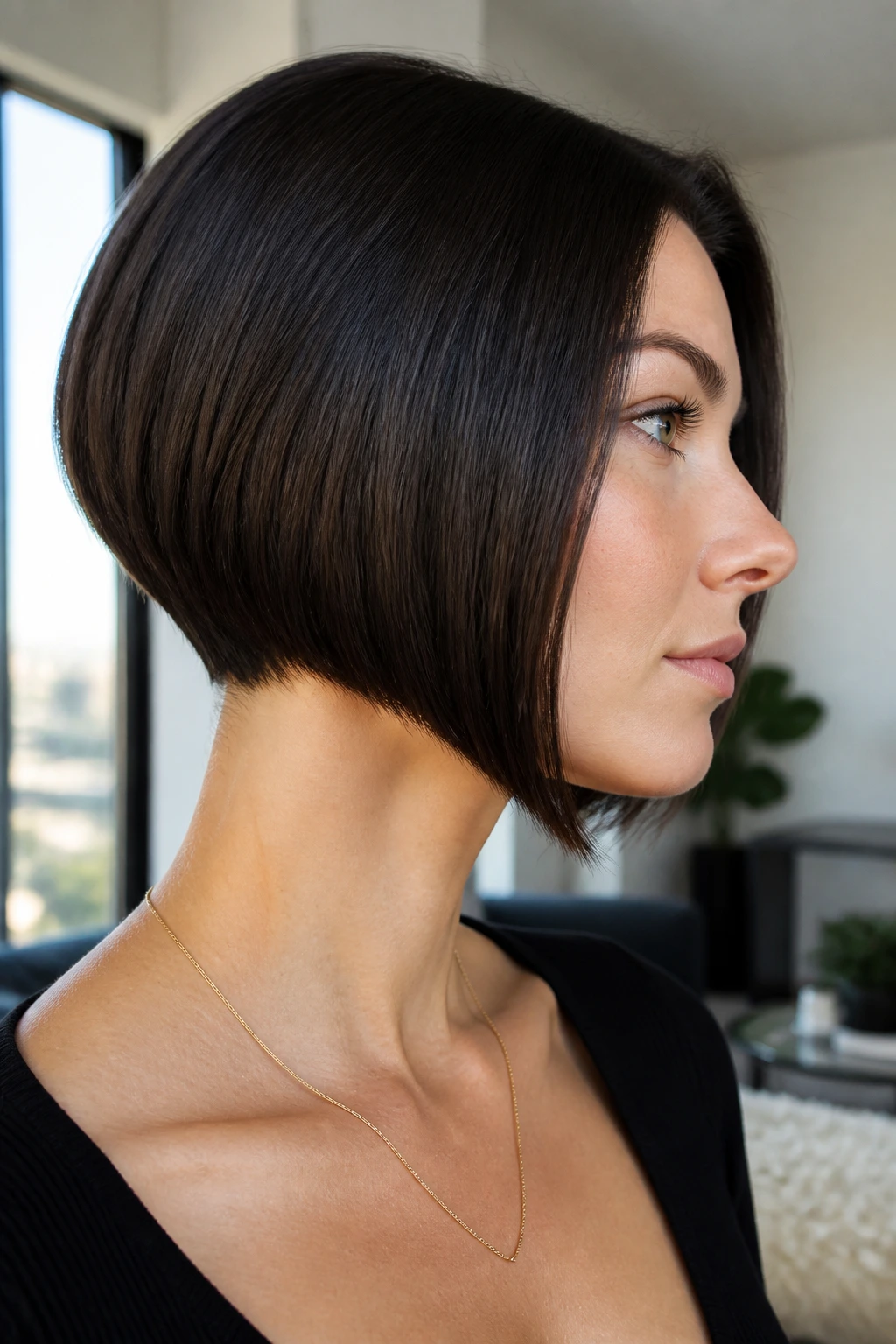Close-up portrait of a real person with a micro angled bob showing a near-nape shave and precise front length