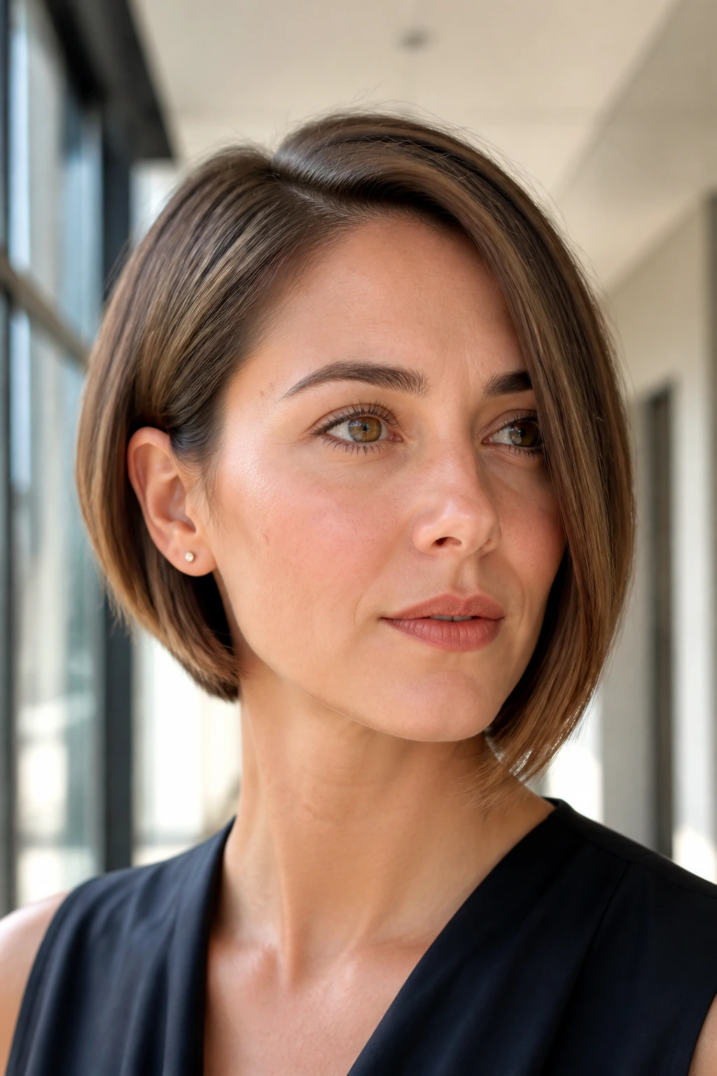 Close-up of a person with a micro-asymmetrical bob hairstyle