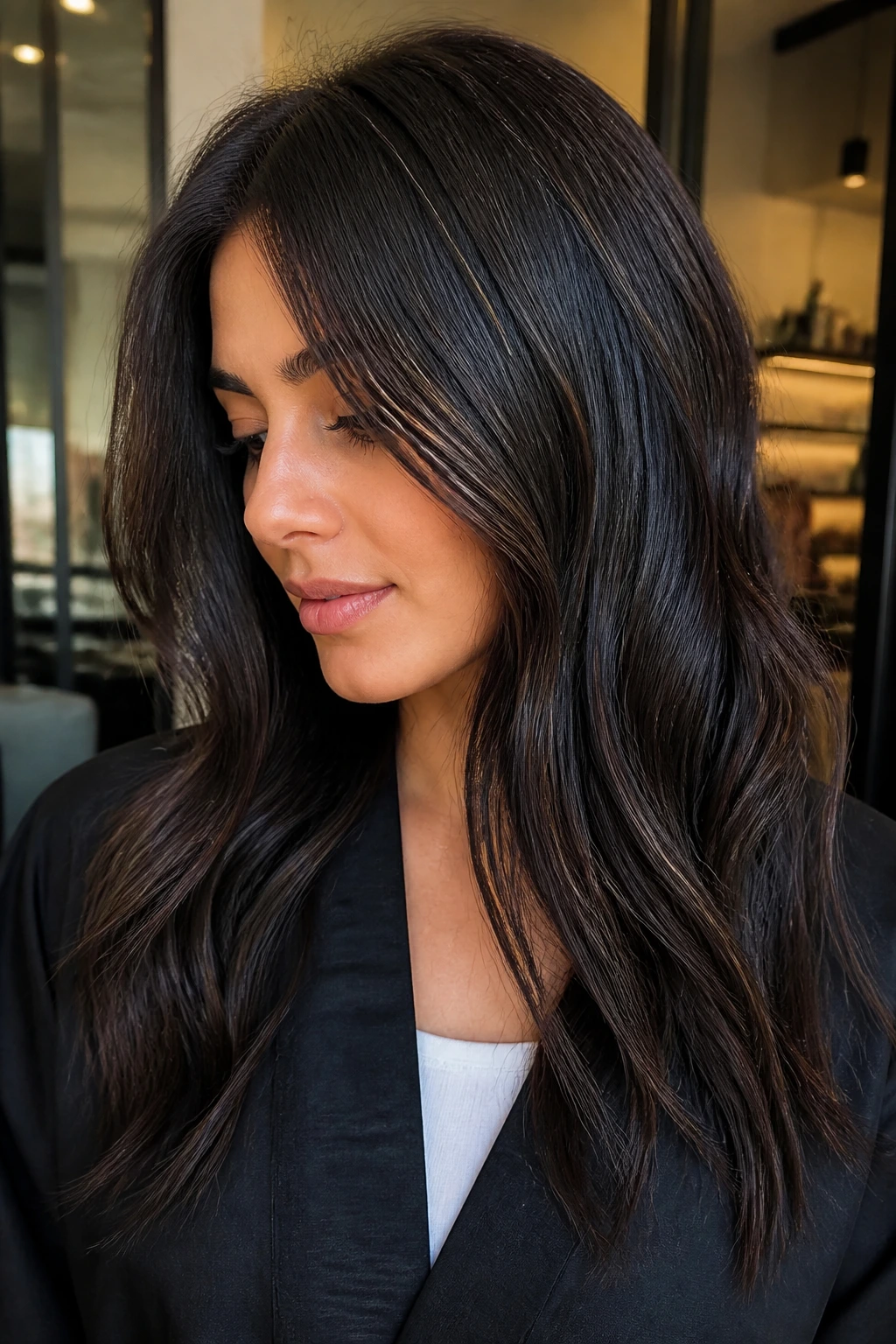 Real person with micro-babylight lattice highlights on black hair.