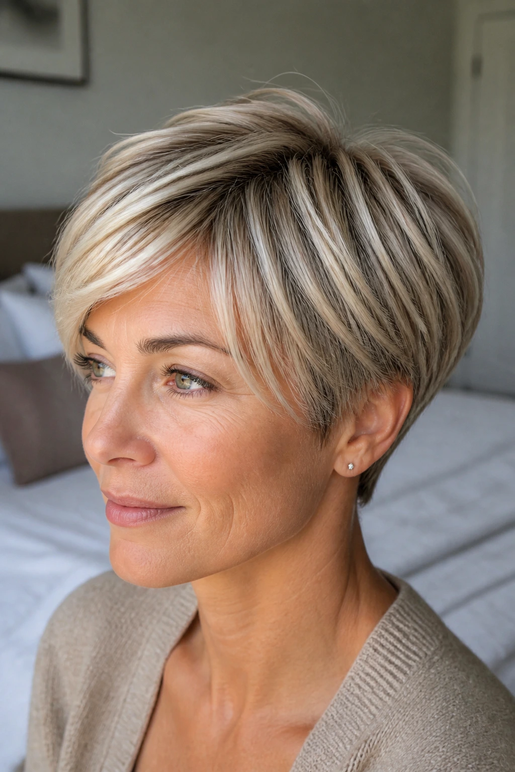 Close-up of a real woman with cropped hair showing pearl blonde micro-balayage.