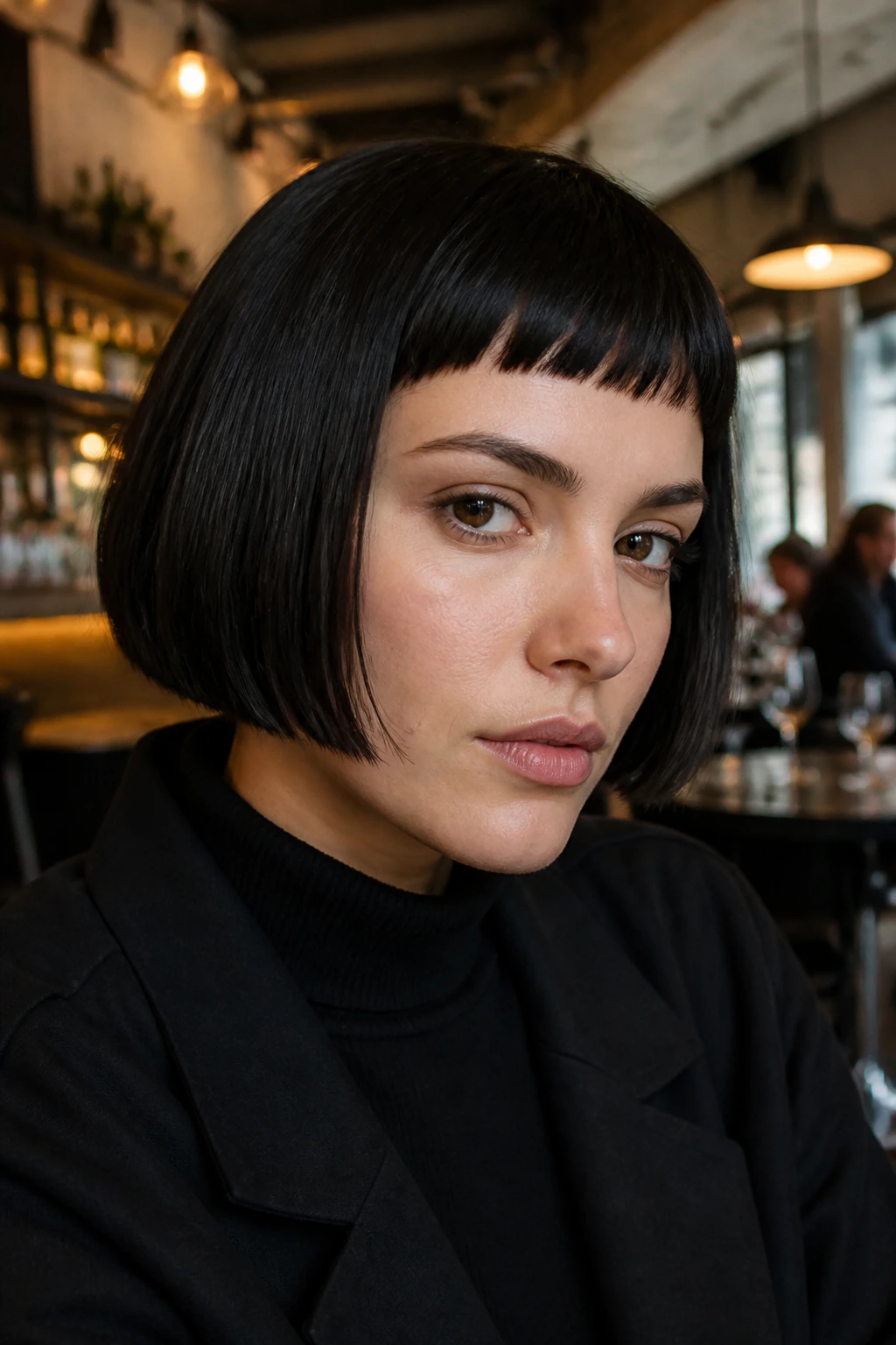 Close-up portrait of a person with micro bang bob hairstyle