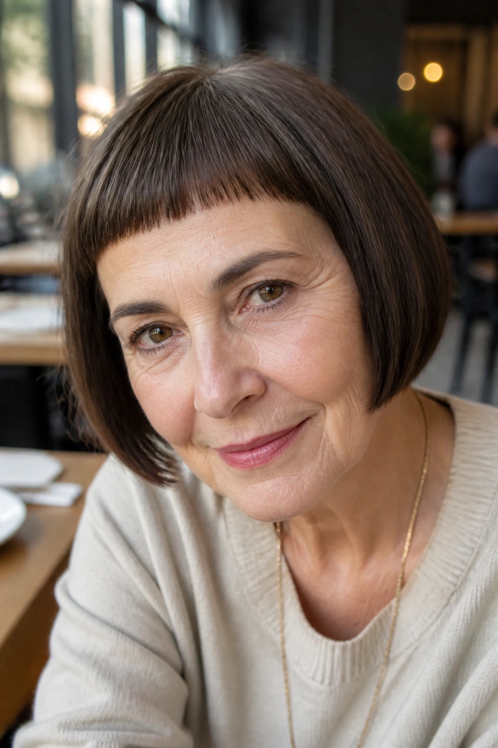 Close-up of real woman with micro-bang bob and blunt fringe