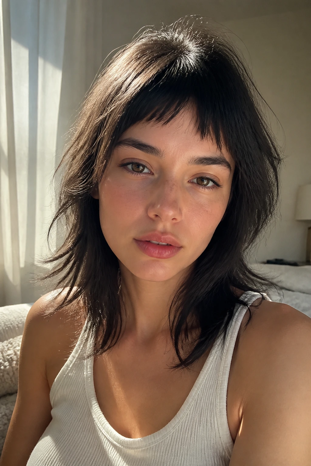 Portrait of a person with micro bangs and airy cloud-like shag on straight hair