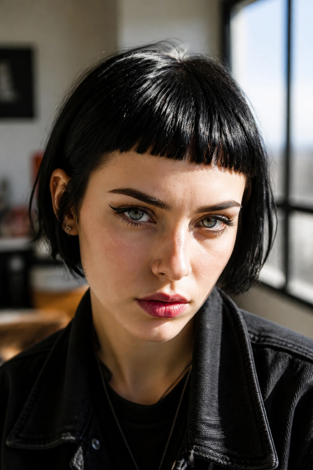 Close-up of a real person with micro bangs above the brows.