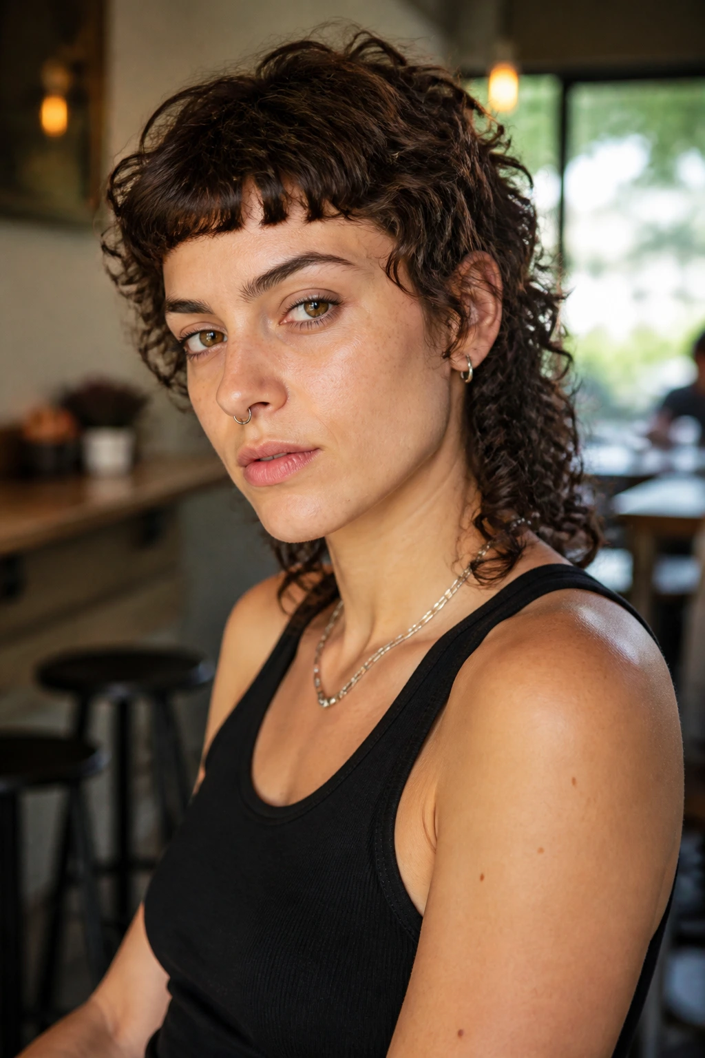 Real person with micro-bang curly mullet; short bangs and longer back
