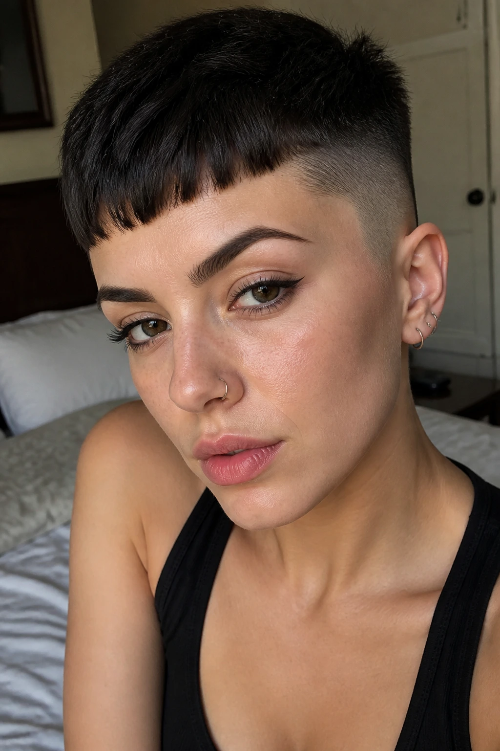 Close-up of a person with micro bang fade framing the eyes