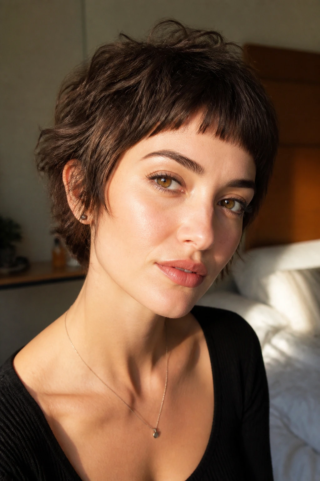 Close-up portrait of a woman with micro-bang feathered crop in a cozy bedroom.