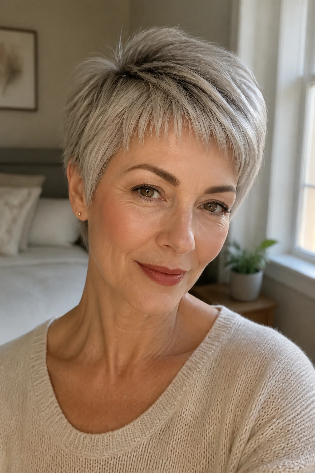 Close-up portrait of a real woman with micro-bang feathered pixie hairstyle in soft window light