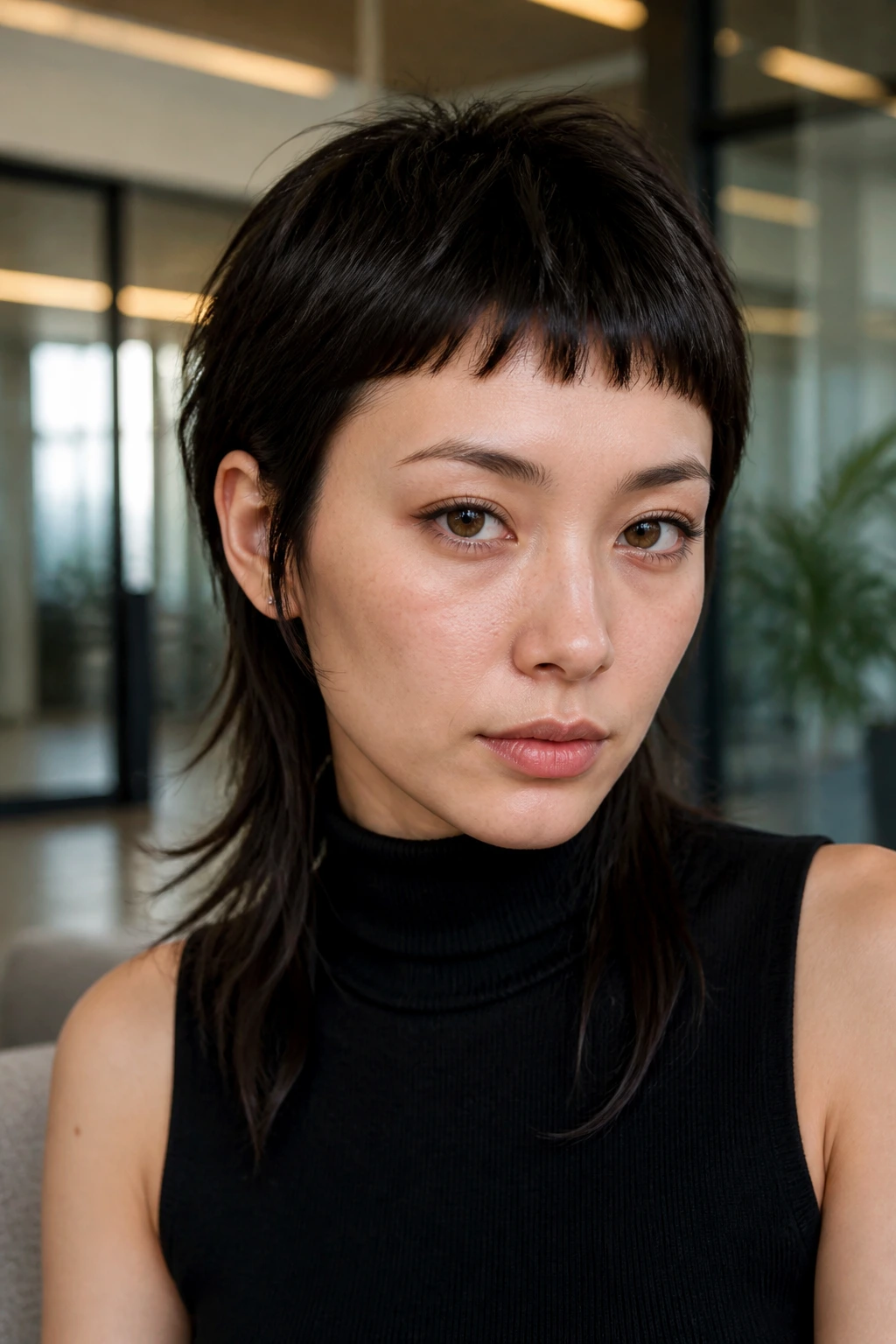Close-up portrait of a real woman with micro-bang mullet fringe and long back