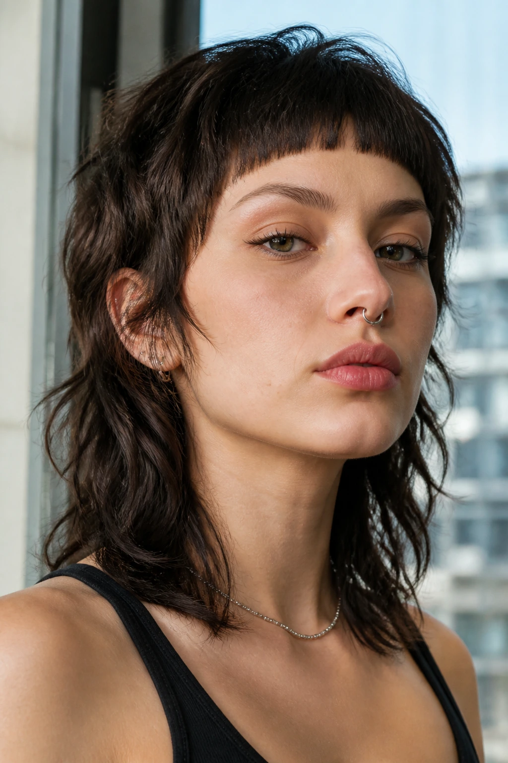 Close-up of a real person with micro-bang mullet in a modern urban setting