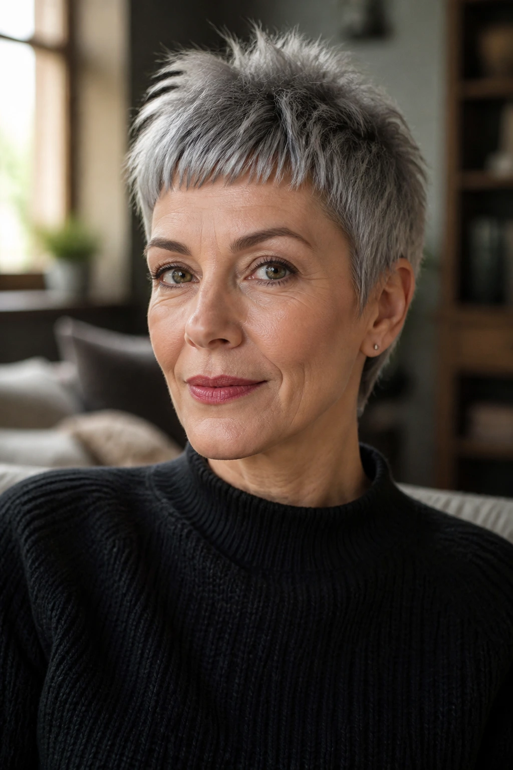 Close-up portrait of a real woman showing micro-bangs and textured piecey top in warm window light