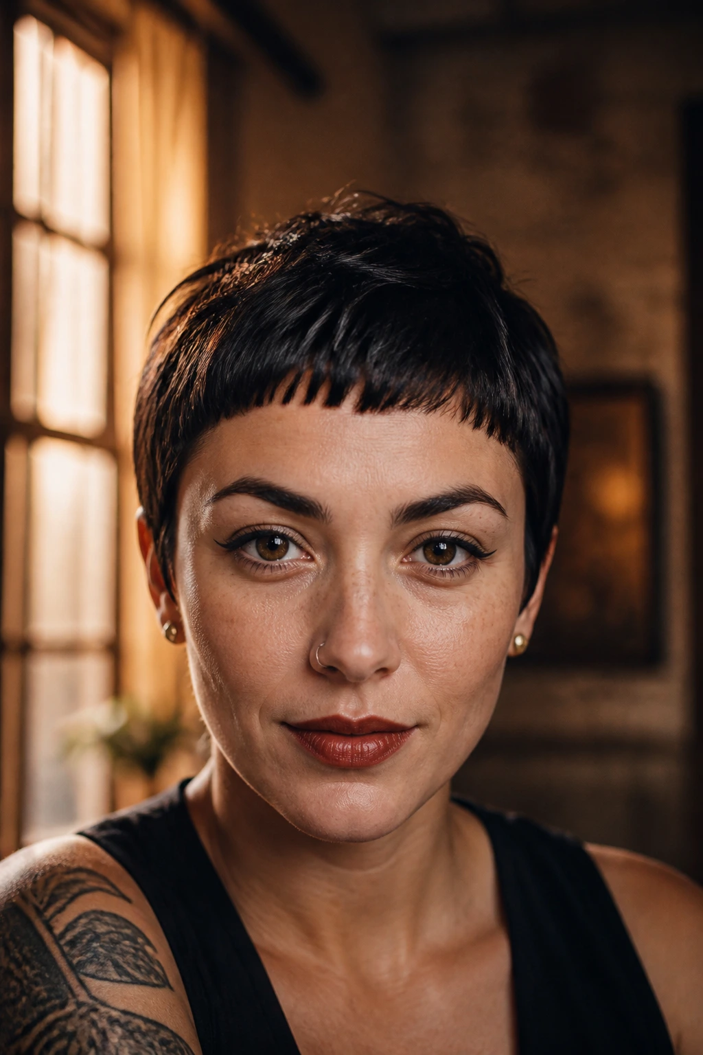 Close-up of a real woman with Bettie micro-bang pixie hairstyle in amber window light.
