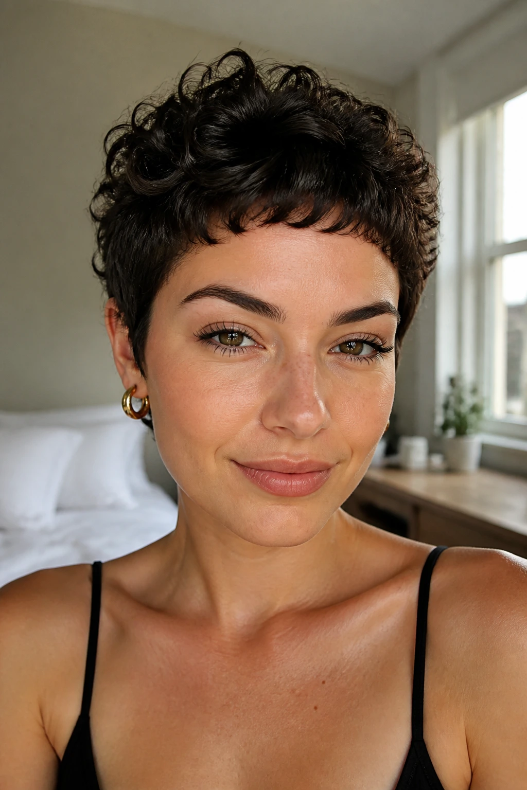 Close-up portrait of a woman with micro-bang curly pixie in bright light