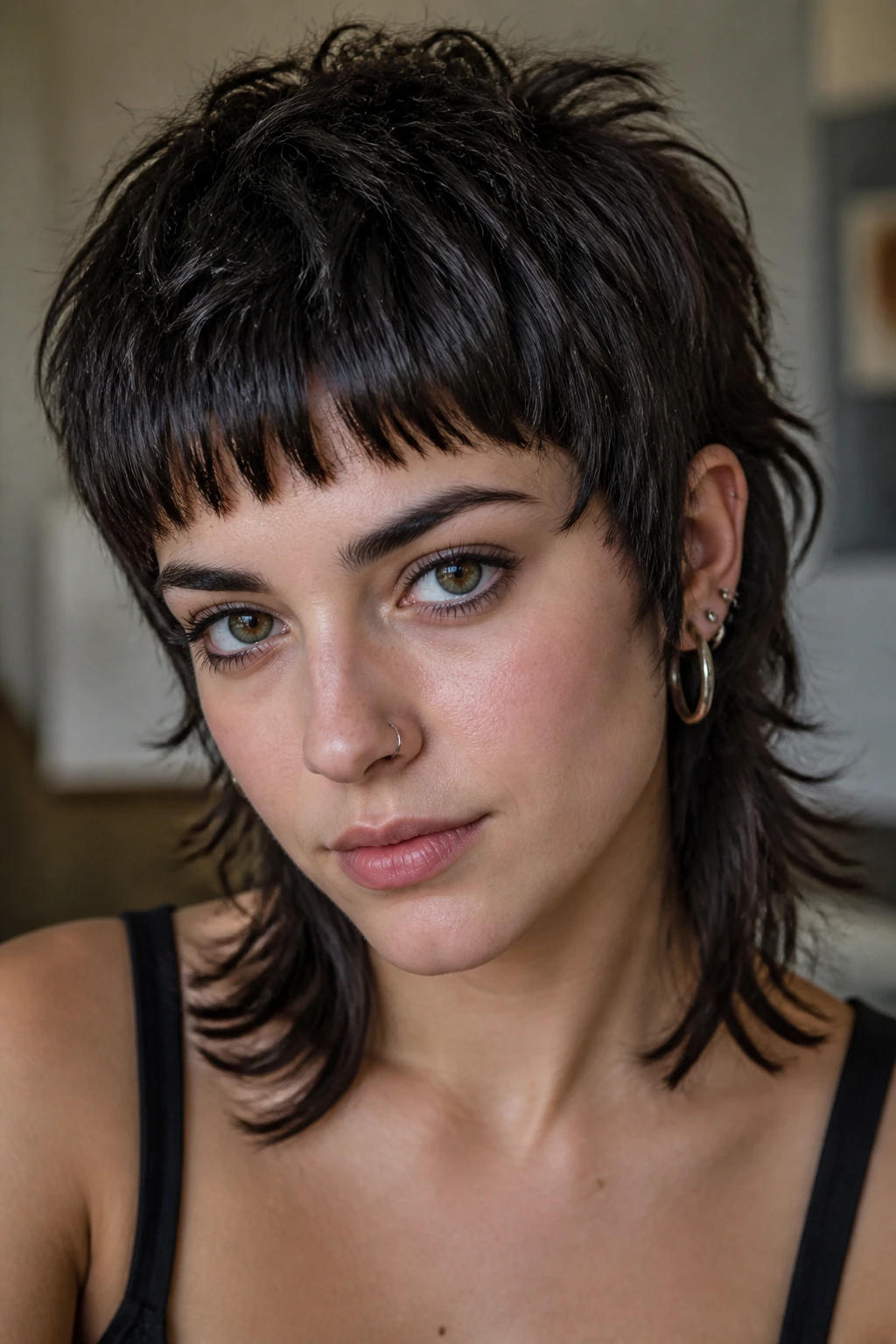 Close-up portrait with micro-bang and shaggy mullet on a real person.