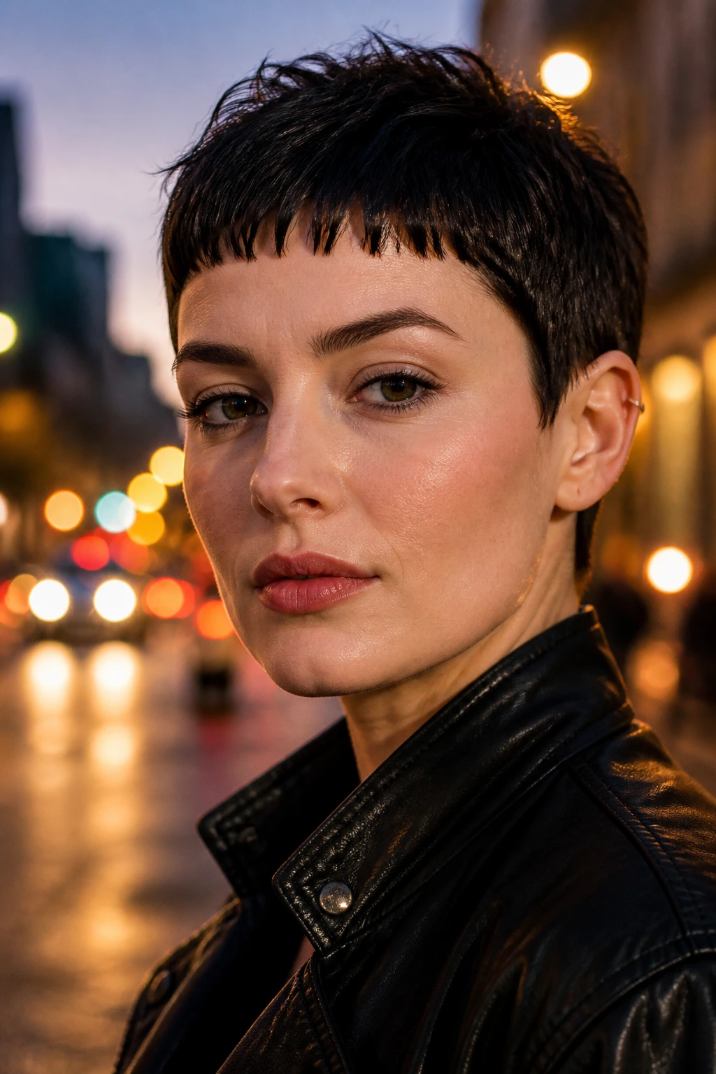 Close-up of a real woman with micro-bang pixie hairstyle in urban dusk lighting.