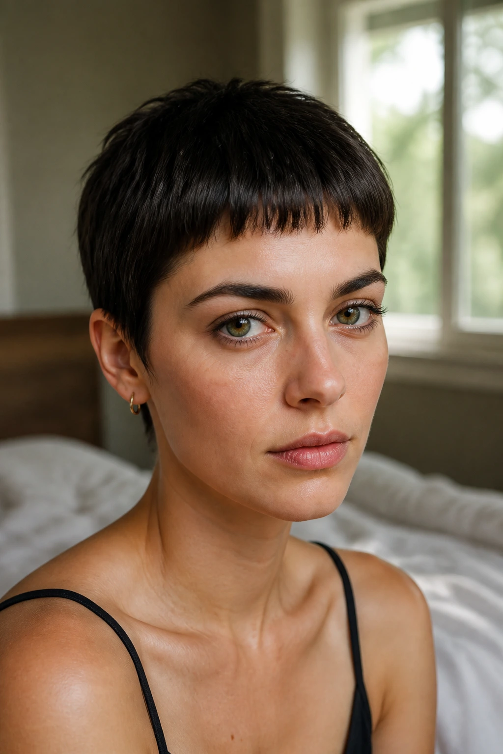 Close-up portrait of a real person with micro-bang pixie in a softly lit bedroom