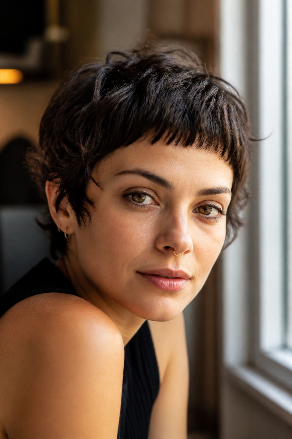 Close-up of real woman with micro bang pixie fringes
