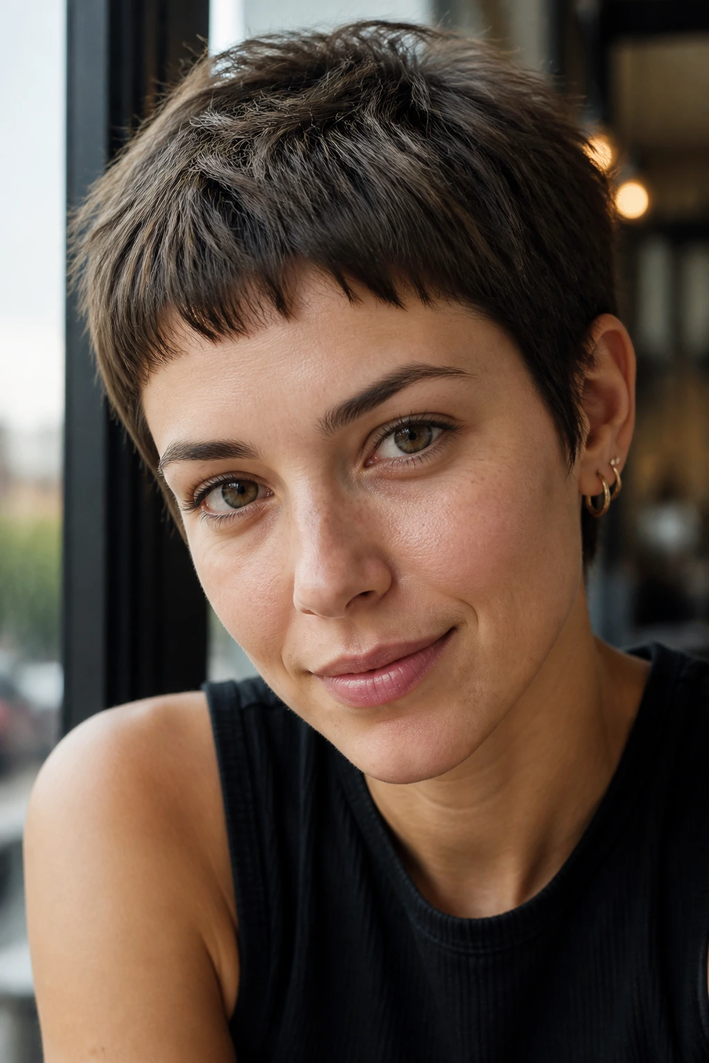 Close-up of a real woman with micro bangs pixie in cafe window light