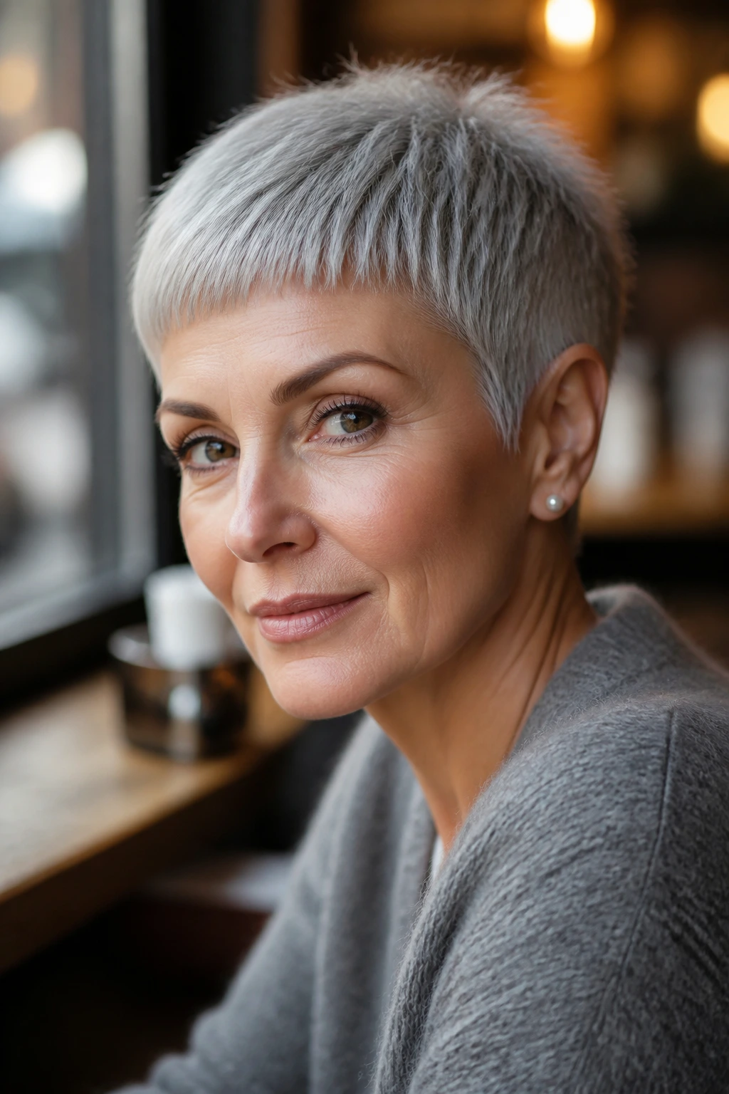 Close-up portrait of a real woman with micro bangs in a silver pixie