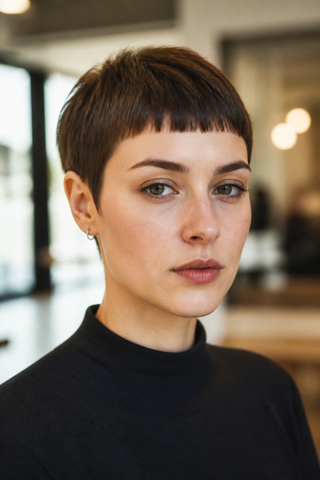 Real person with blunt micro-bang pixie and straight hair in an urban interior