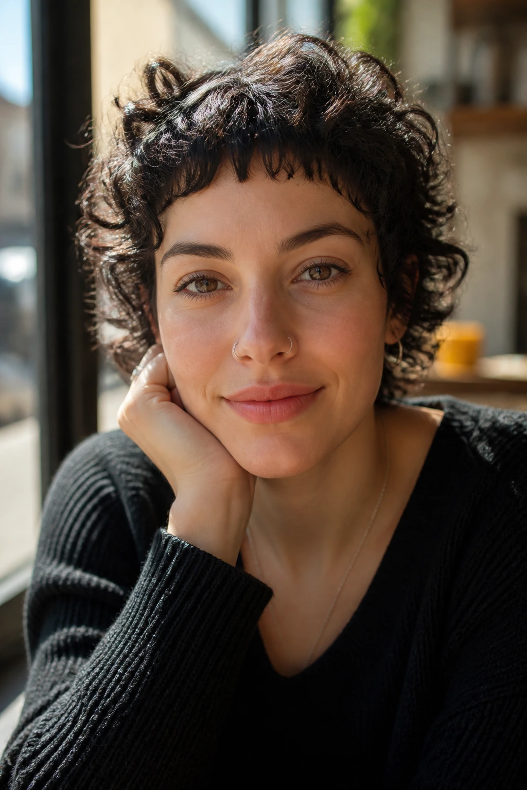 Front portrait of woman with micro bang pixie wolf hairstyle
