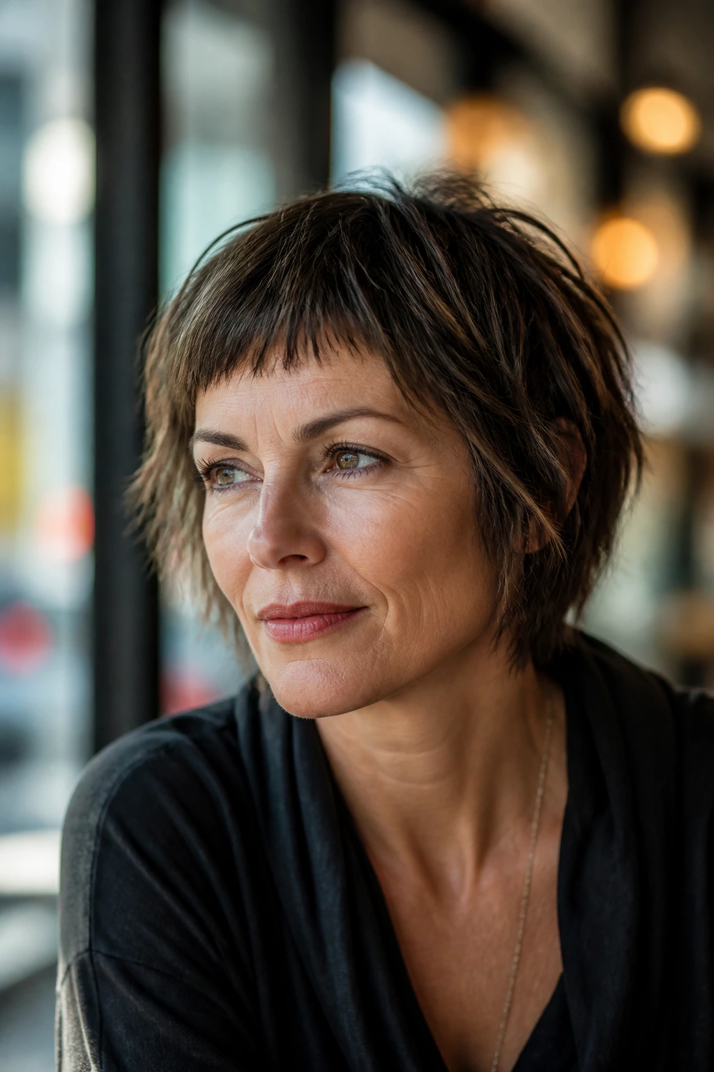 Close-up of a real woman with a micro-bang shag bob framed by a crisp fringe