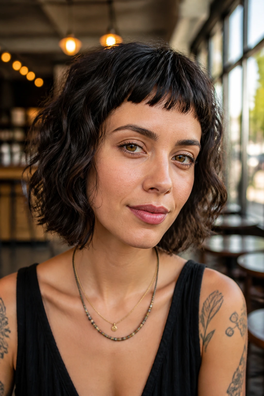 Real woman with Micro-Bang Shag Bob, close-up showing precise micro bangs.