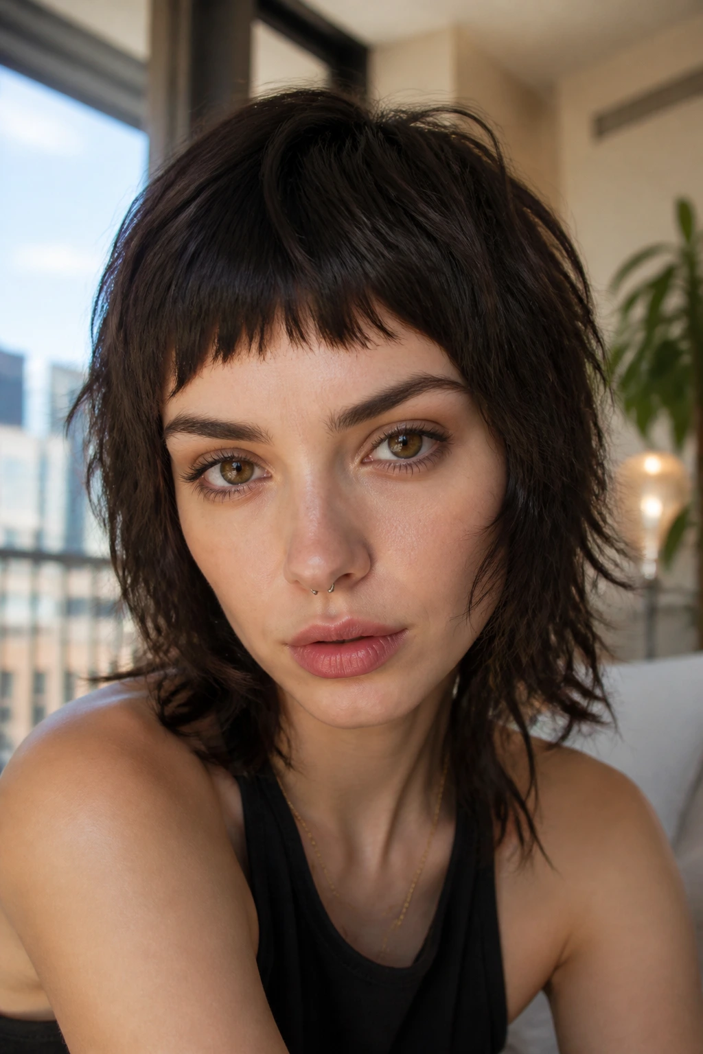 Close-up of a real woman with micro bangs and shaggy layers in natural light