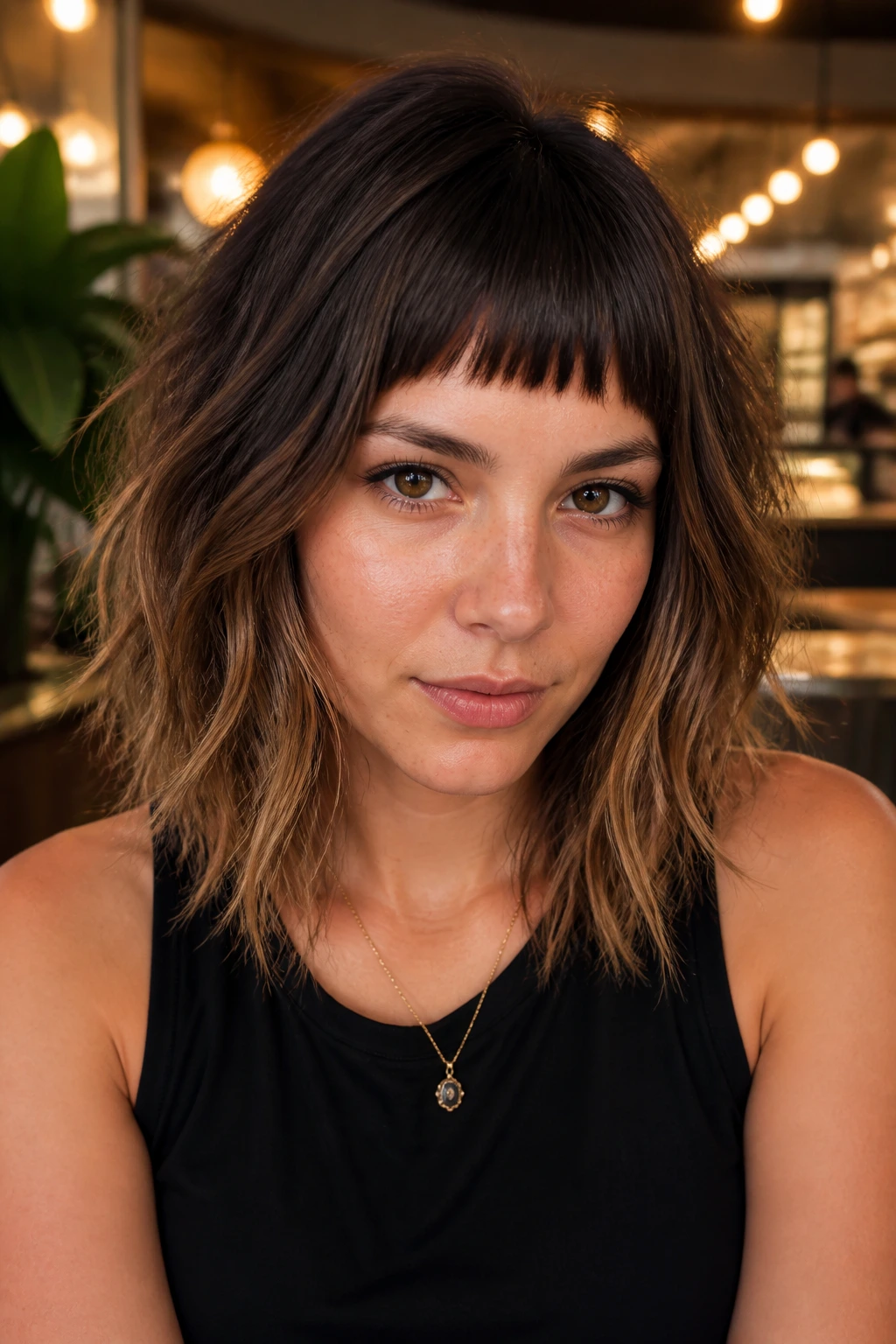 Brunette with micro bang shag and espresso-to-toffee gradient in a cafe