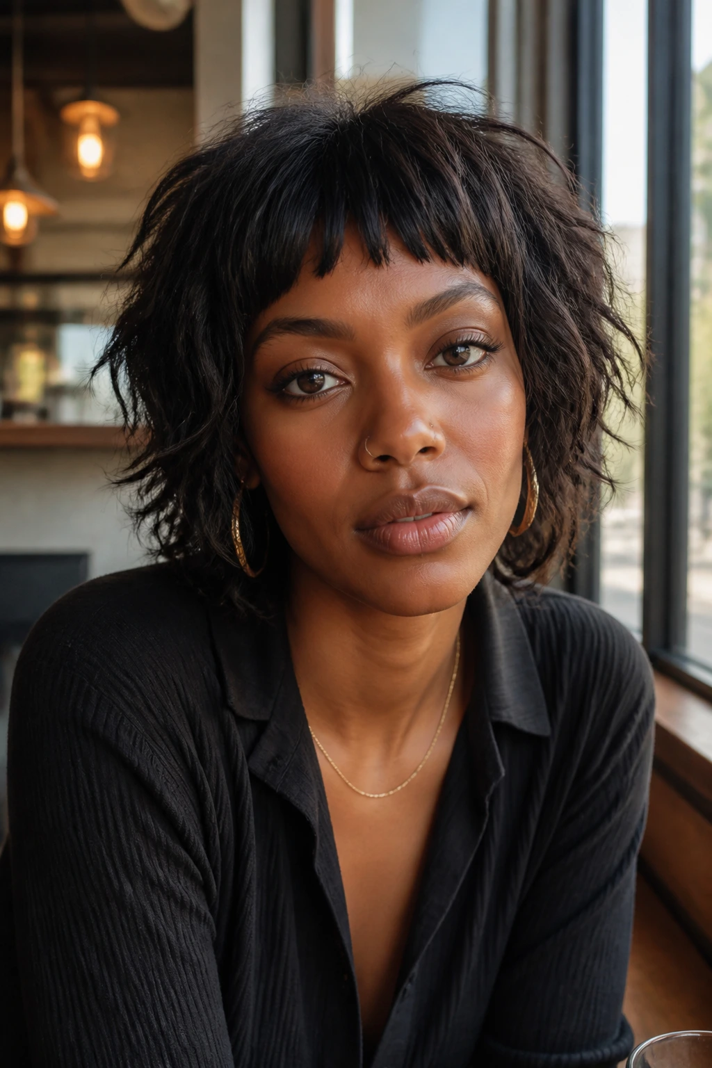 Close-up of a Black woman with micro-bang shag in cafe light