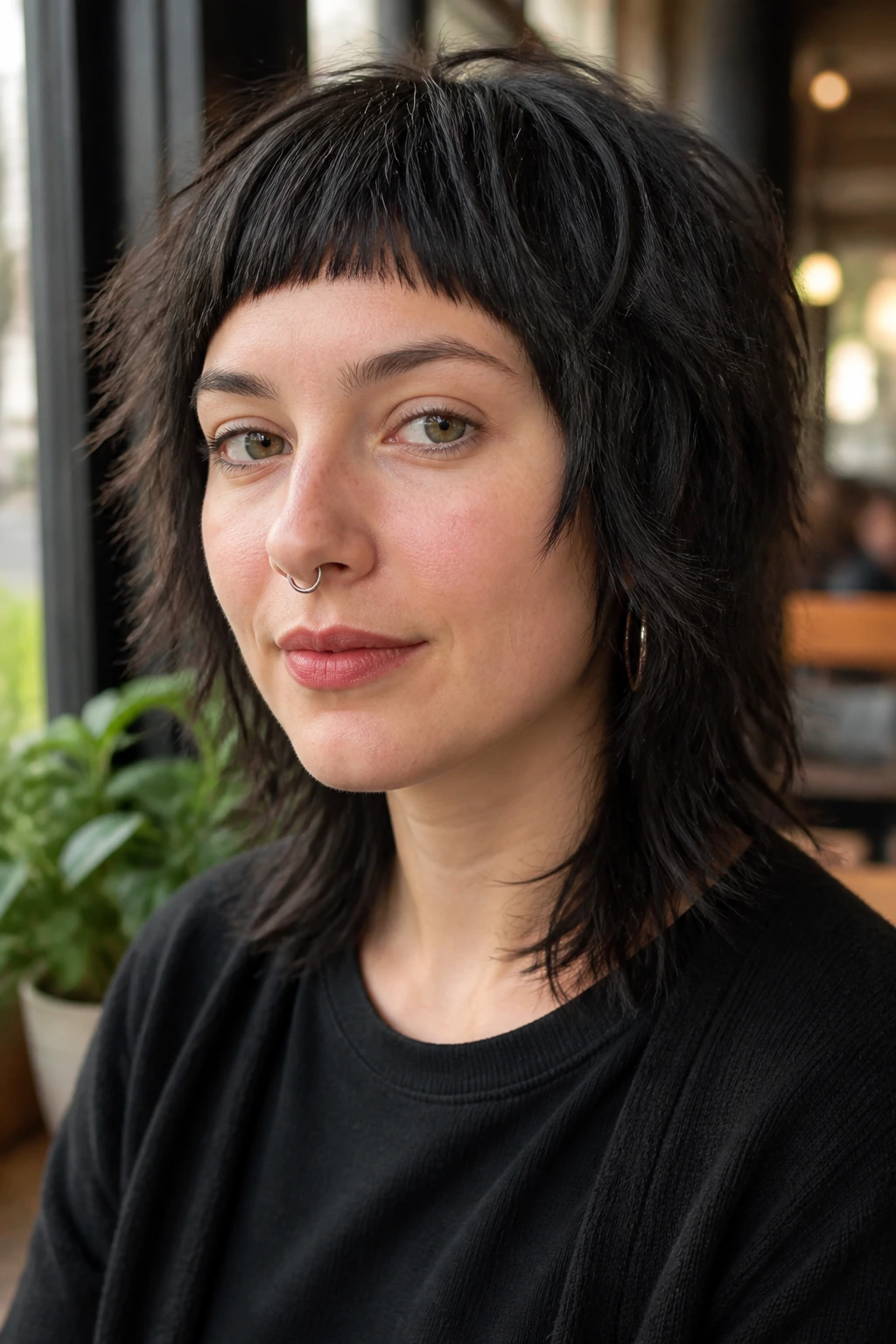 Close-up of a real woman with micro-bang fringe in a cafe setting