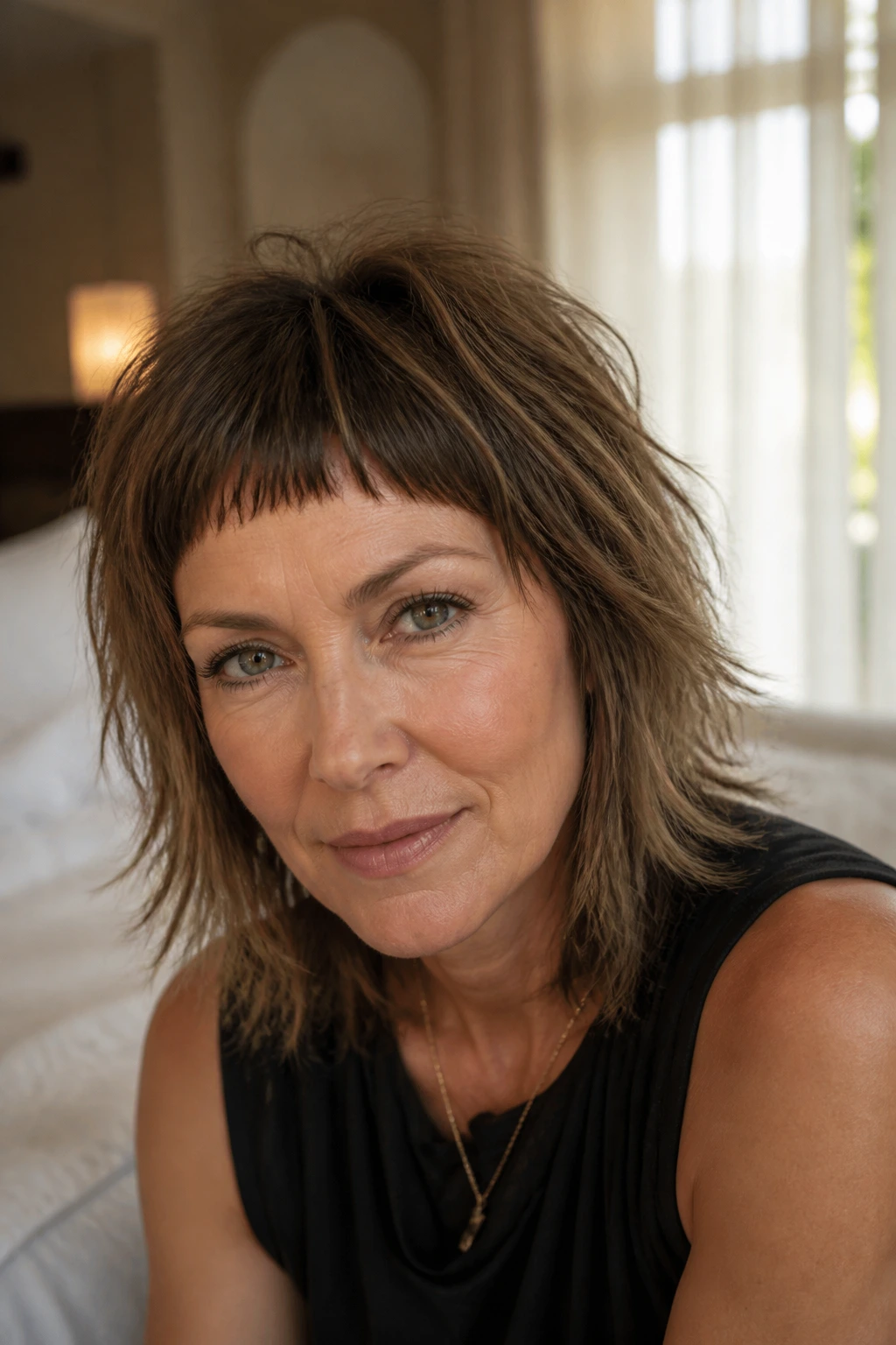 Real woman with micro bangs and shag layers