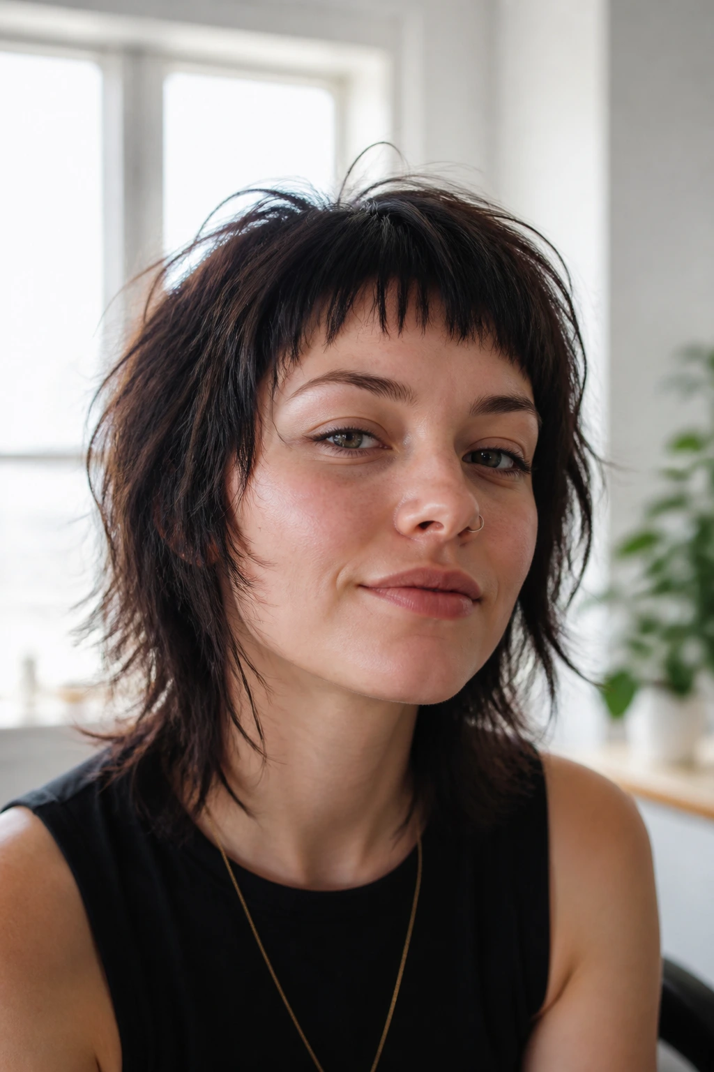 Portrait of a woman with micro bangs shag in a bright living room.
