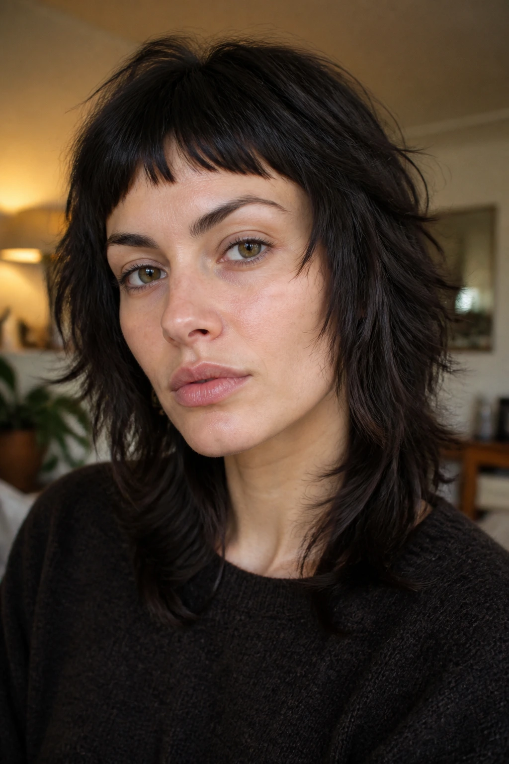 Close-up of real woman with micro bangs shag in warm living room light