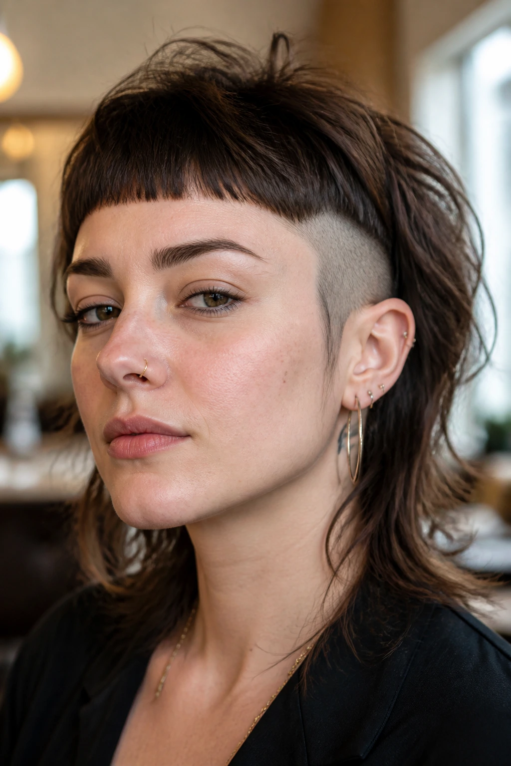Close-up portrait of a real person with micro bang shag and side undercut