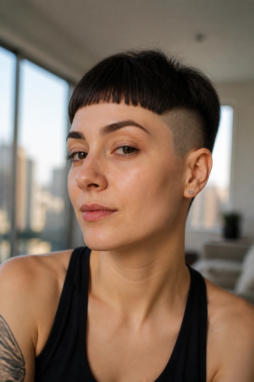 Close-up of a real person with micro-bang side fade.