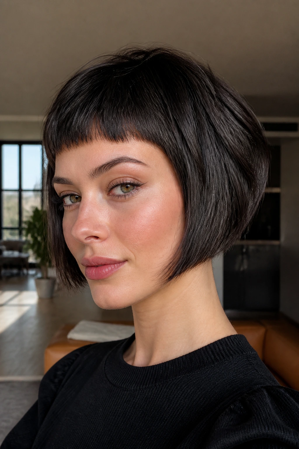 Portrait of a real woman with high micro-bangs and a stacked back