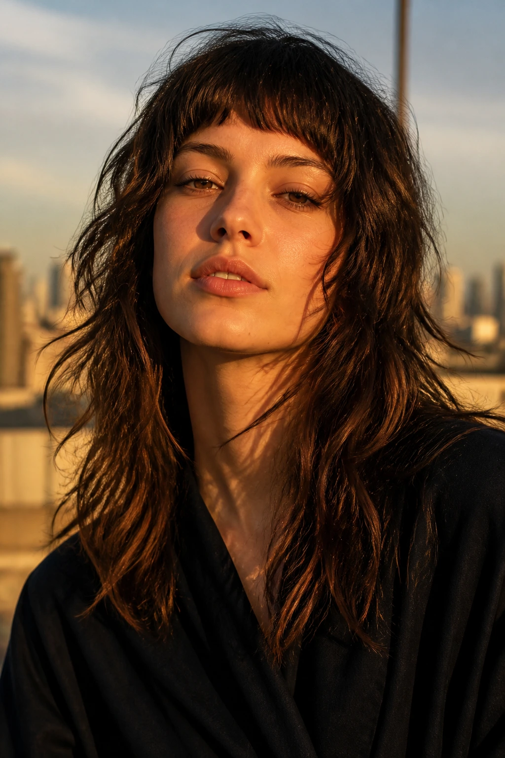 Real person with micro bangs and long shaggy wolf cut showing bold front fringe