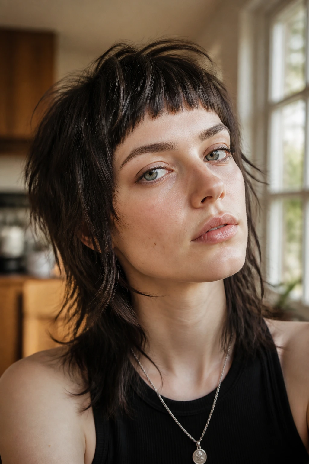 Close-up of a real person with micro bang wolf cut.