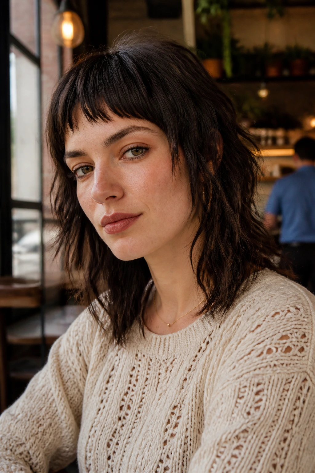 Portrait of a real person with micro bangs and wolf cut in a warm cafe setting