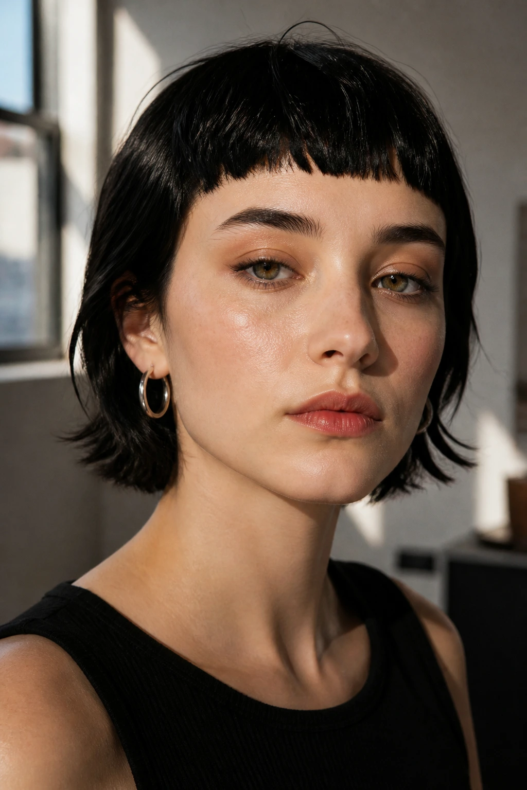 Close-up of a real woman with micro baby bangs high on the forehead