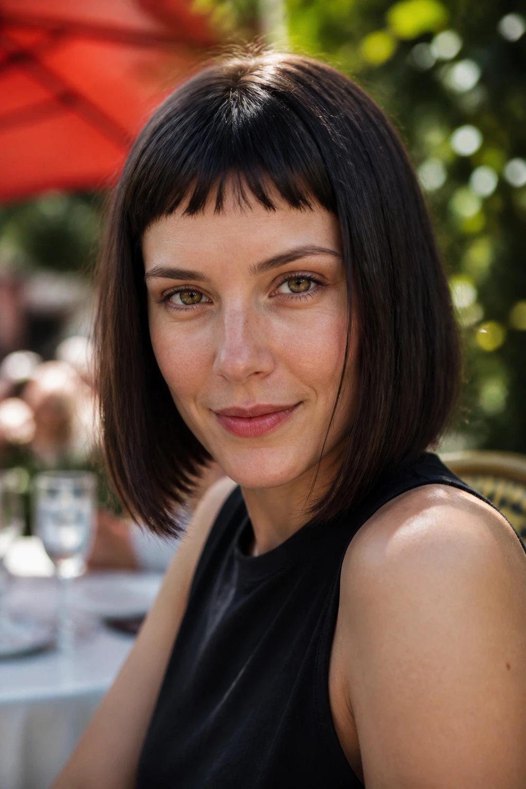 Close-up of a real woman with micro bangs and longer bob in sunlight