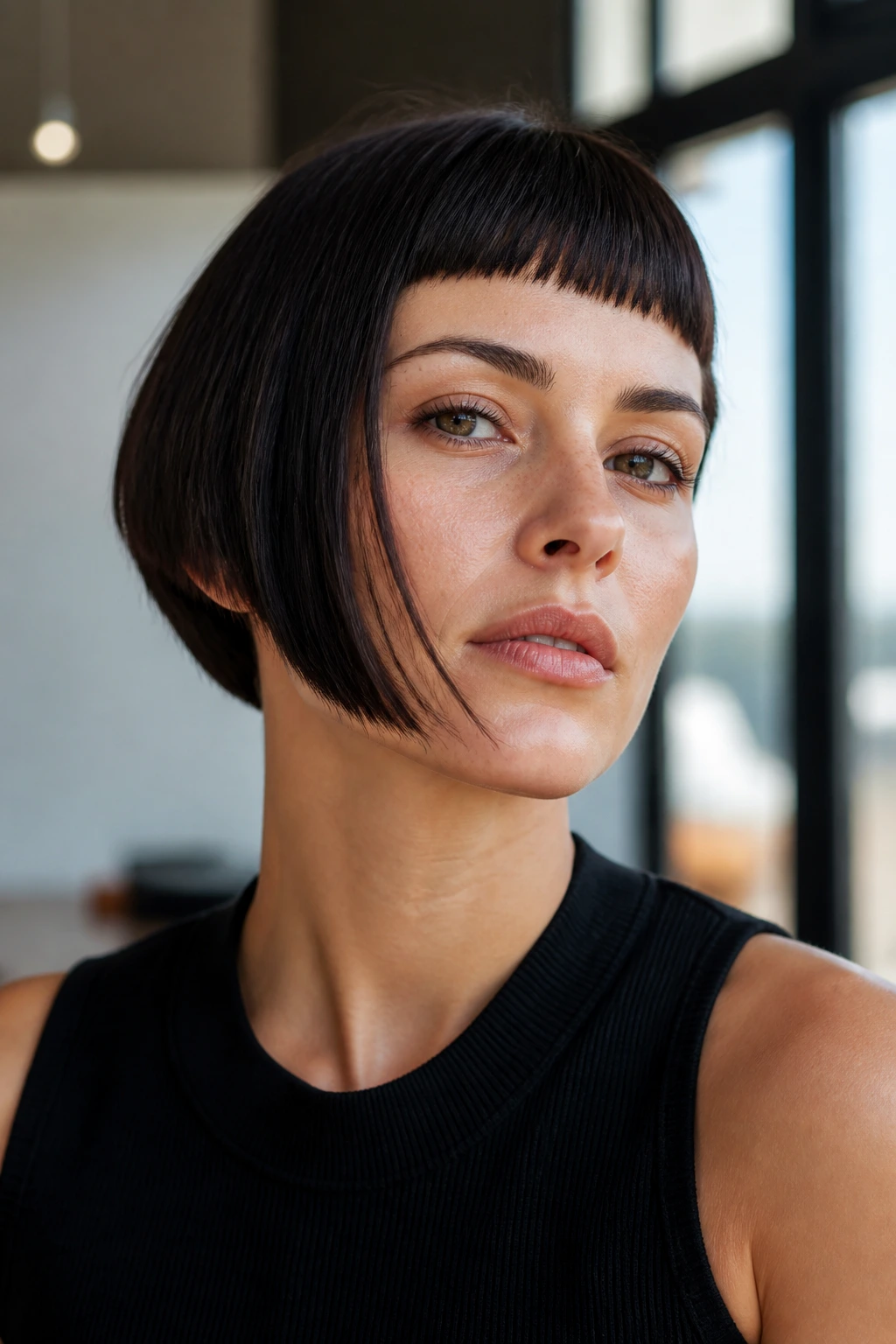 Close-up portrait of a real woman with micro bangs and an asymmetrical bob