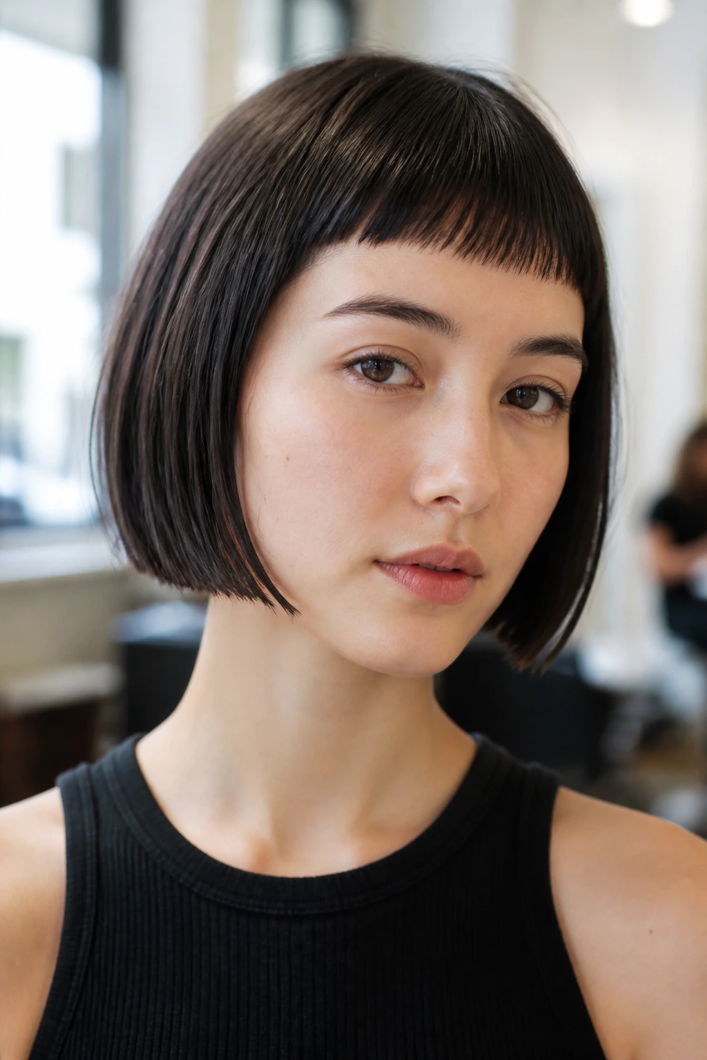 Real person with thin-hair bob and micro-bangs in salon light.