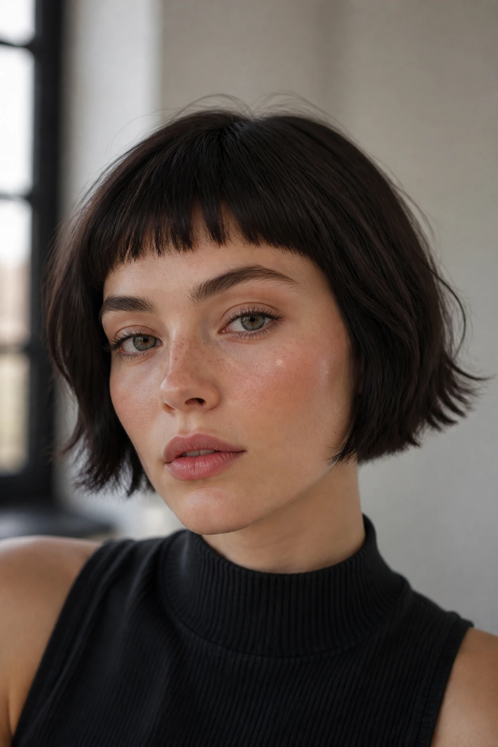 Real woman with micro bangs paired with a bob hairstyle.