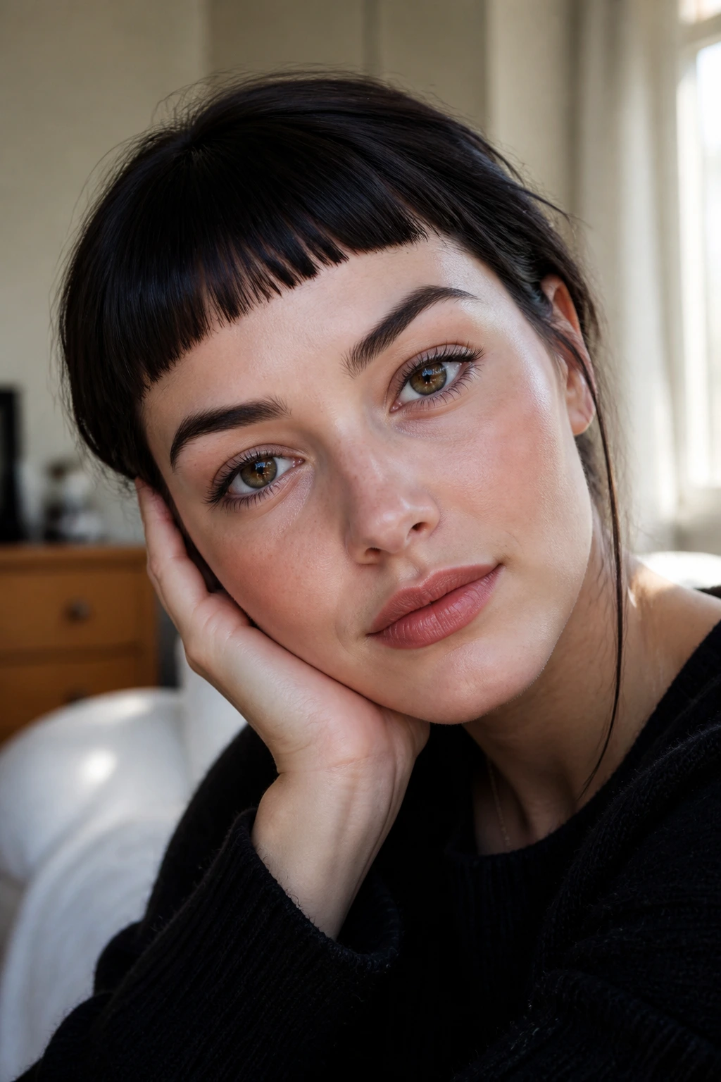 Close-up of a real woman with micro bangs above the brows.